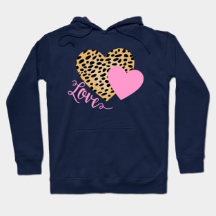 Cheetah Fur Pattern and Pink Hearts with Love Text Hoodie